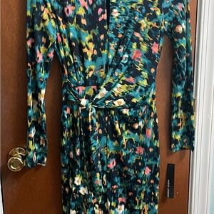Maggy London Abstract Print Keyhole Neck, Tie Waist Sheath Long Sleeve Dress